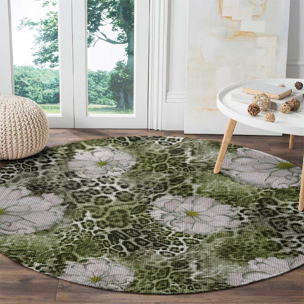 African Leopard Floral Pattern Round Carpet Safari Moss