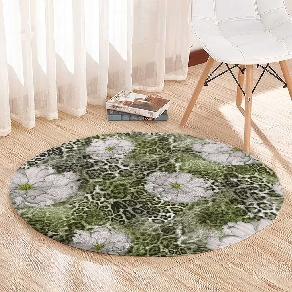 African Leopard Floral Pattern Round Carpet Safari Moss
