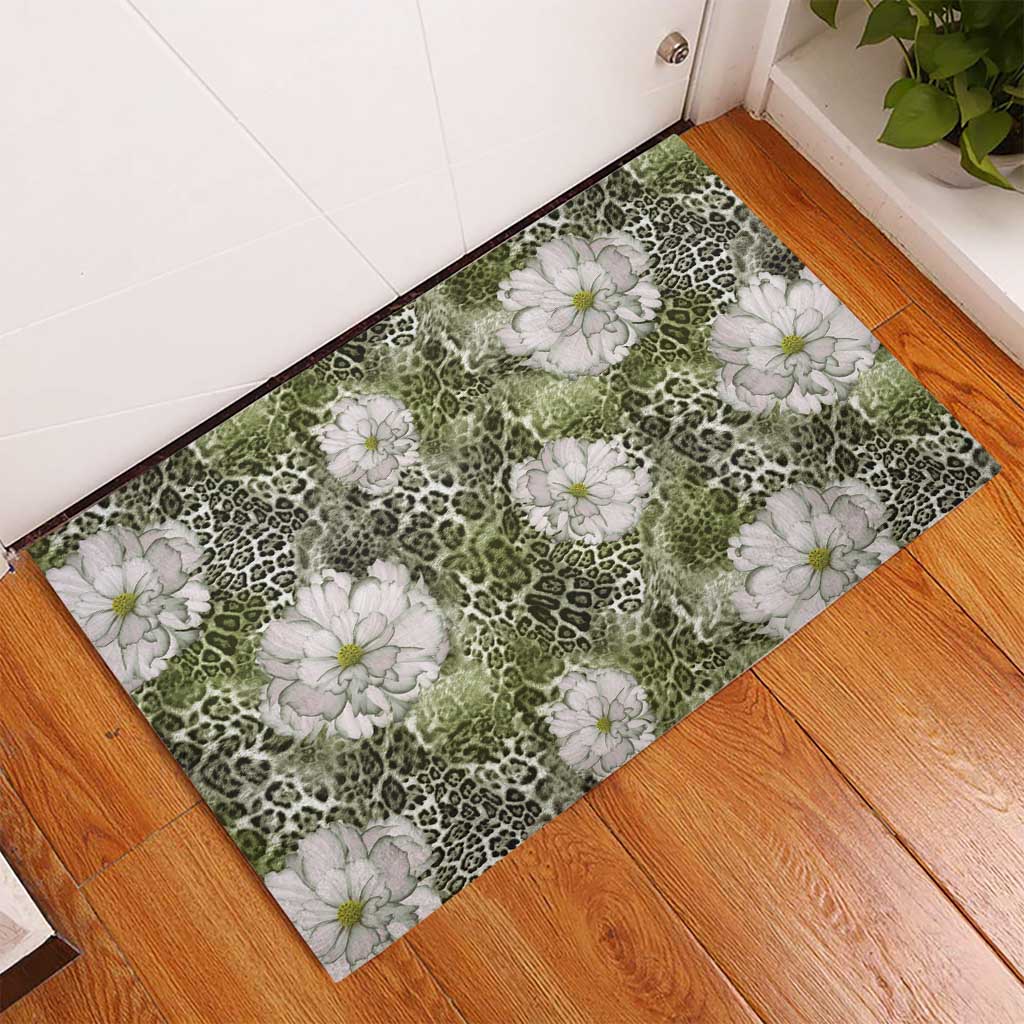 African Leopard Floral Pattern Rubber Doormat Safari Moss