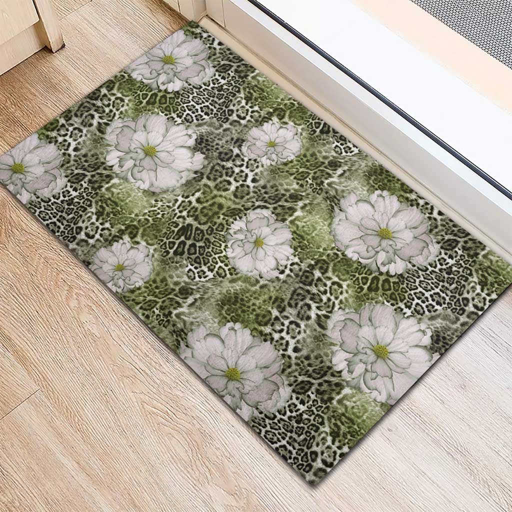 African Leopard Floral Pattern Rubber Doormat Safari Moss