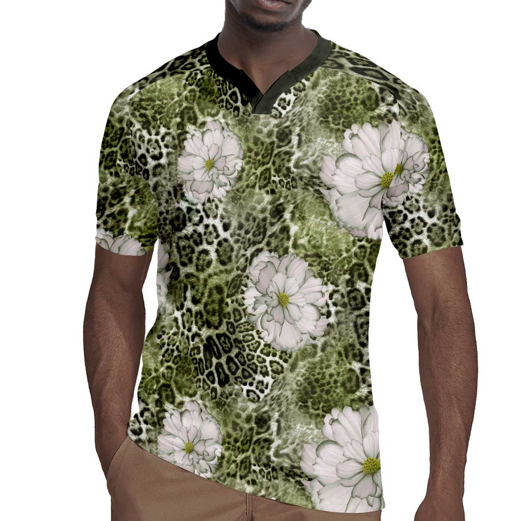 African Leopard Floral Pattern Rugby Jersey Safari Moss