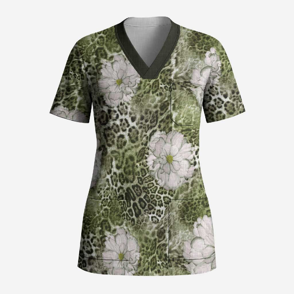African Leopard Floral Pattern Scrub Top Safari Moss
