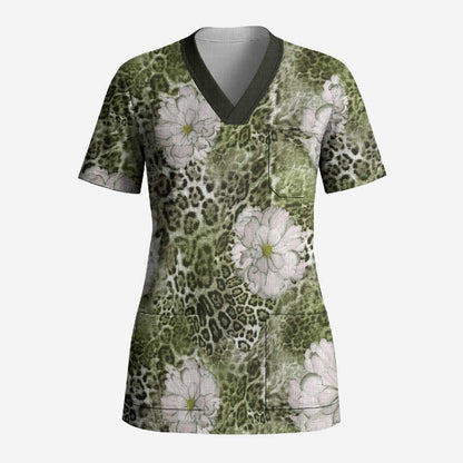 African Leopard Floral Pattern Scrub Top Safari Moss