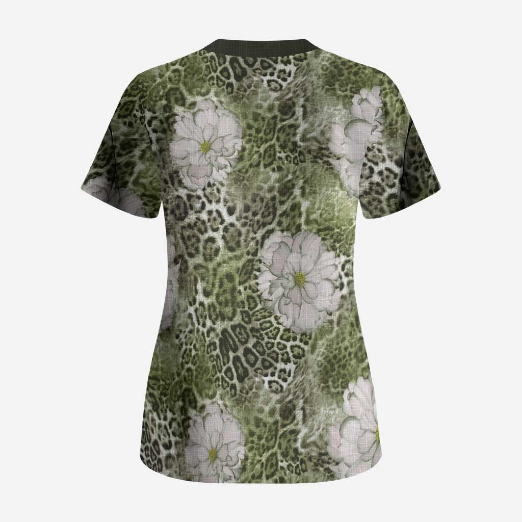 African Leopard Floral Pattern Scrub Top Safari Moss