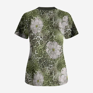 African Leopard Floral Pattern Scrub Top Safari Moss