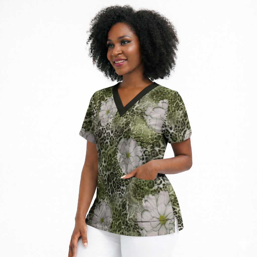 African Leopard Floral Pattern Scrub Top Safari Moss