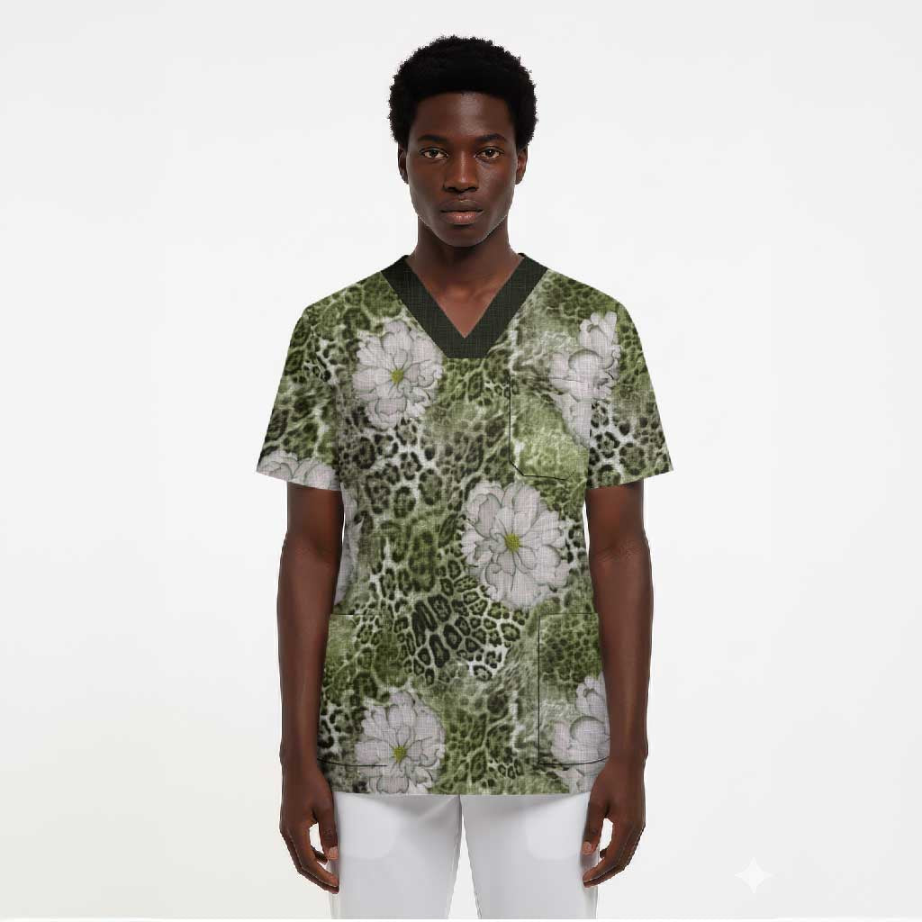 African Leopard Floral Pattern Scrub Top Safari Moss