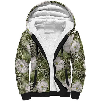African Leopard Floral Pattern Sherpa Hoodie Safari Moss