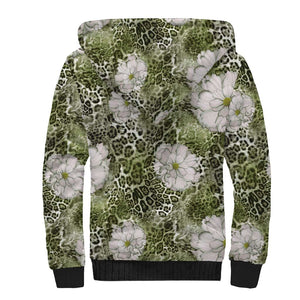 African Leopard Floral Pattern Sherpa Hoodie Safari Moss