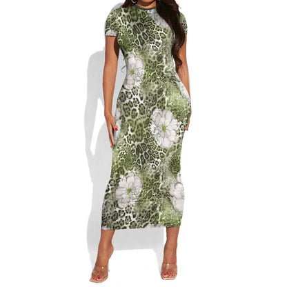 African Leopard Floral Pattern Short Sleeve Bodycon Dress Safari Moss