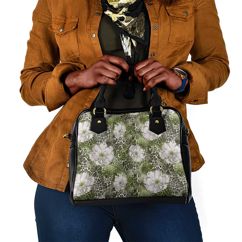 African Leopard Floral Pattern Shoulder Handbag Safari Moss