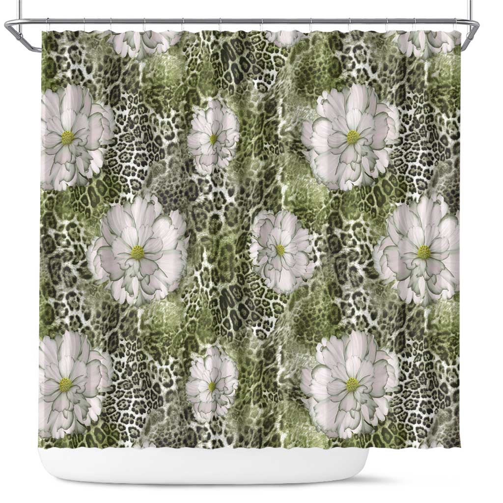 African Leopard Floral Pattern Shower Curtain Safari Moss