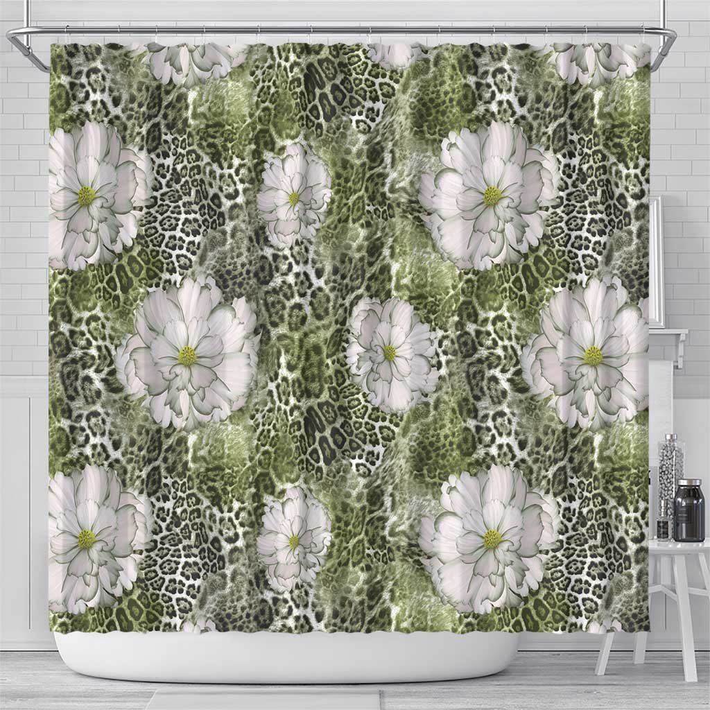African Leopard Floral Pattern Shower Curtain Safari Moss