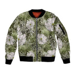 African Leopard Floral Pattern Sleeve Zip Bomber Jacket Safari Moss