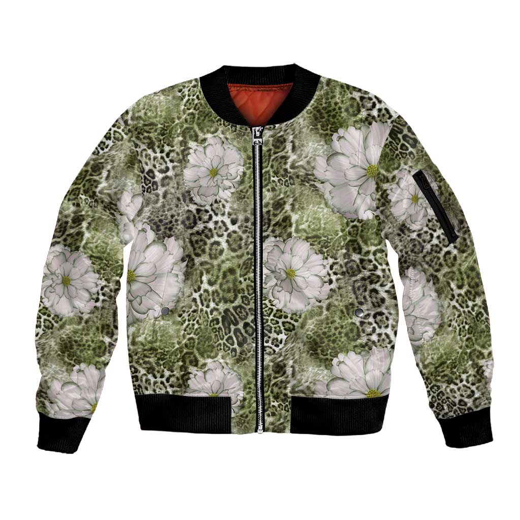 African Leopard Floral Pattern Sleeve Zip Bomber Jacket Safari Moss