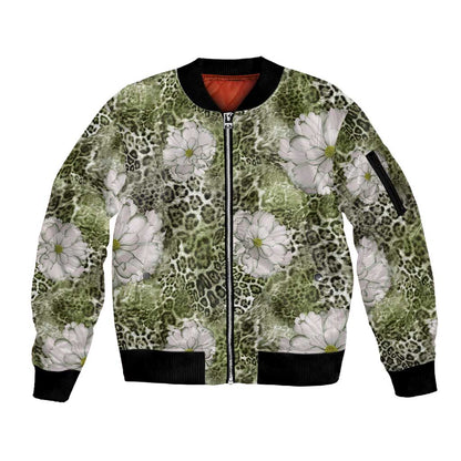 African Leopard Floral Pattern Sleeve Zip Bomber Jacket Safari Moss