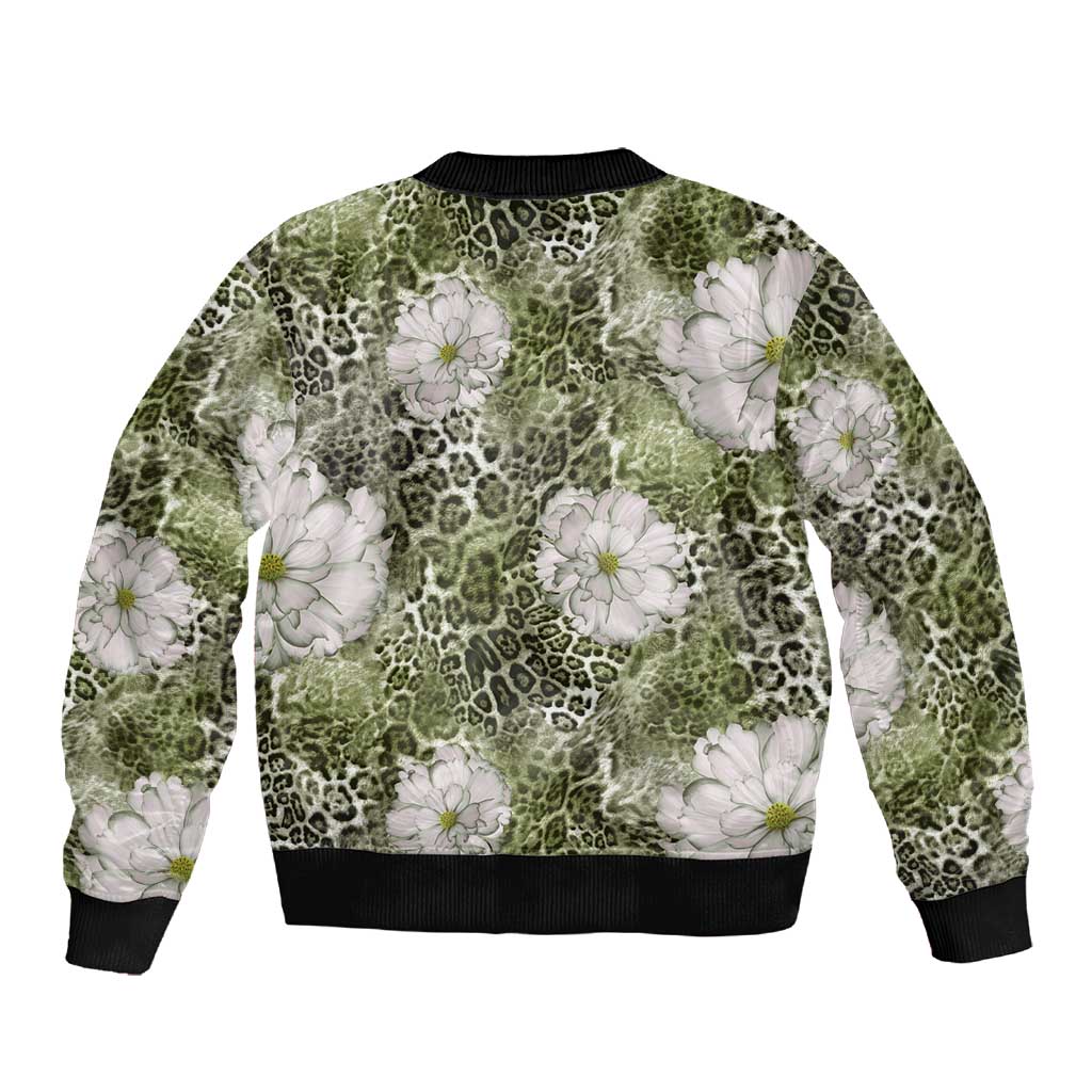 African Leopard Floral Pattern Sleeve Zip Bomber Jacket Safari Moss