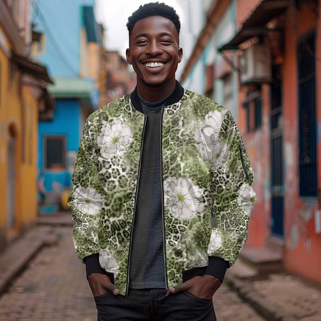 African Leopard Floral Pattern Sleeve Zip Bomber Jacket Safari Moss