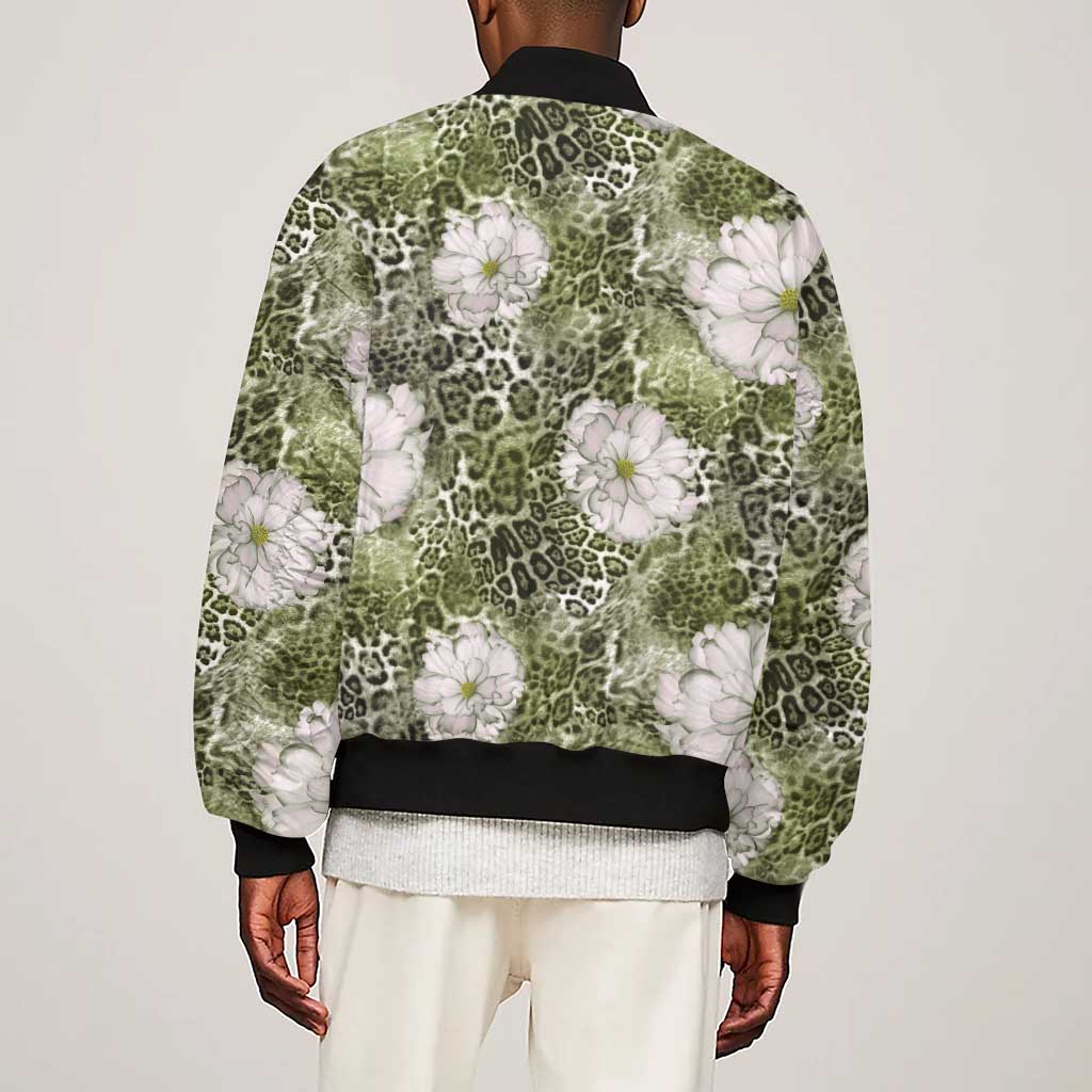 African Leopard Floral Pattern Sleeve Zip Bomber Jacket Safari Moss