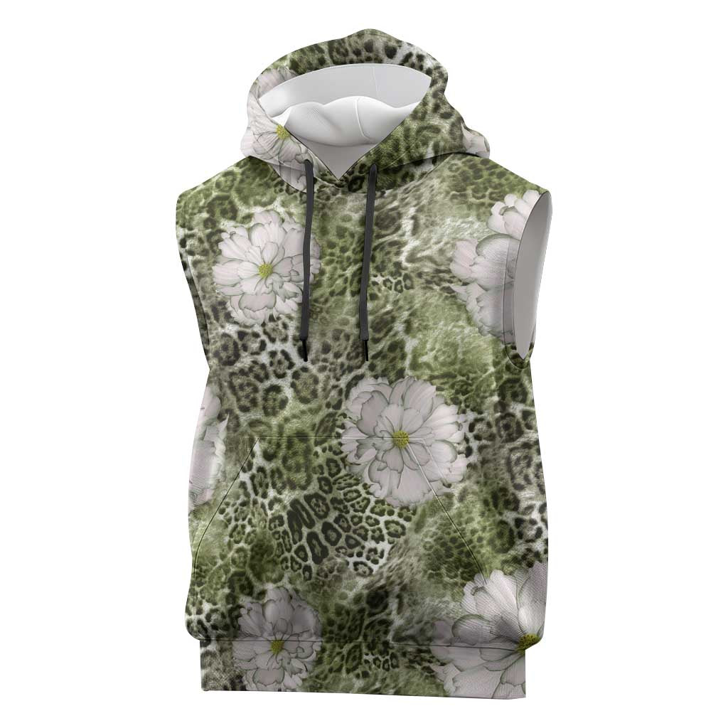 African Leopard Floral Pattern Sleeveless Hoodie Safari Moss
