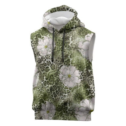 African Leopard Floral Pattern Sleeveless Hoodie Safari Moss