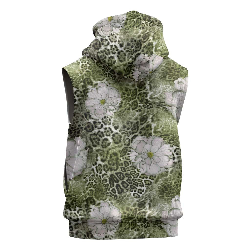 African Leopard Floral Pattern Sleeveless Hoodie Safari Moss