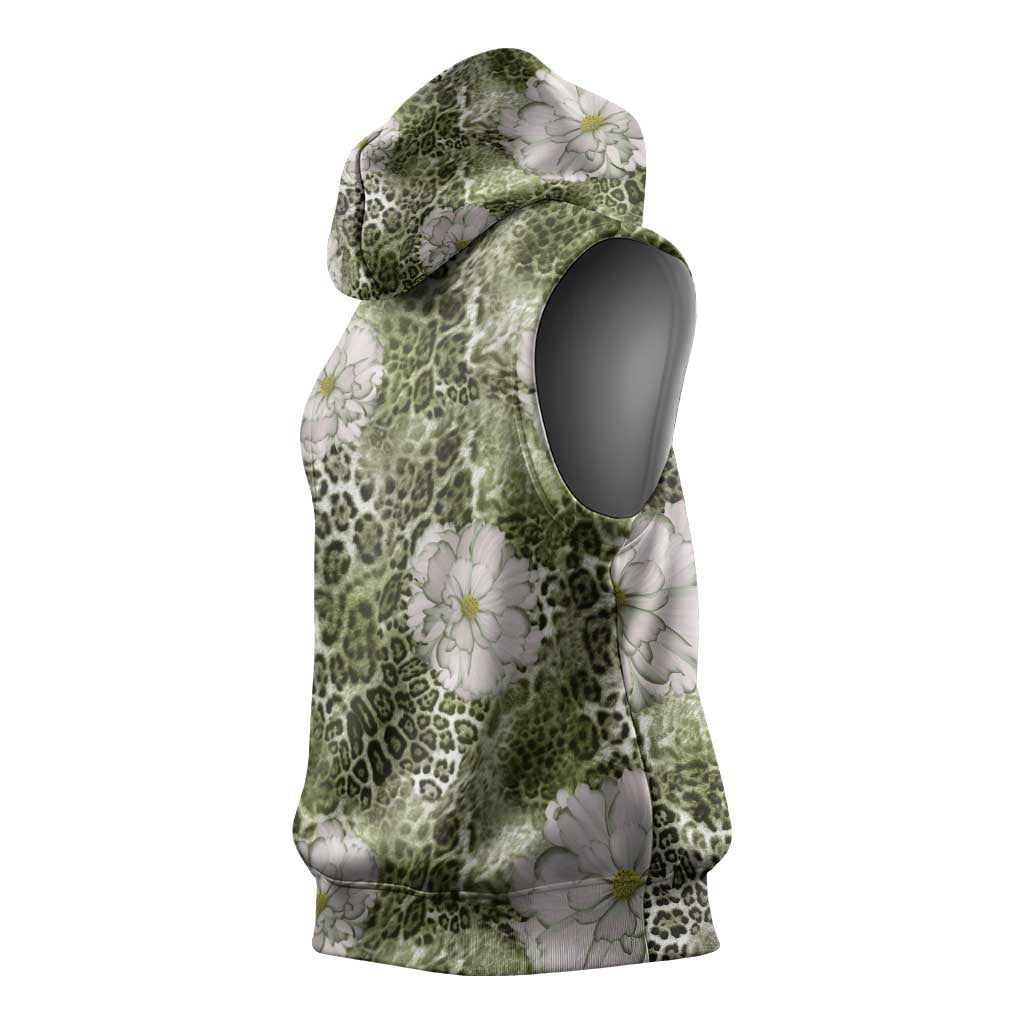 African Leopard Floral Pattern Sleeveless Hoodie Safari Moss