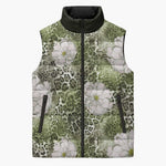 African Leopard Floral Pattern Sleeveless Puffer Jacket Safari Moss