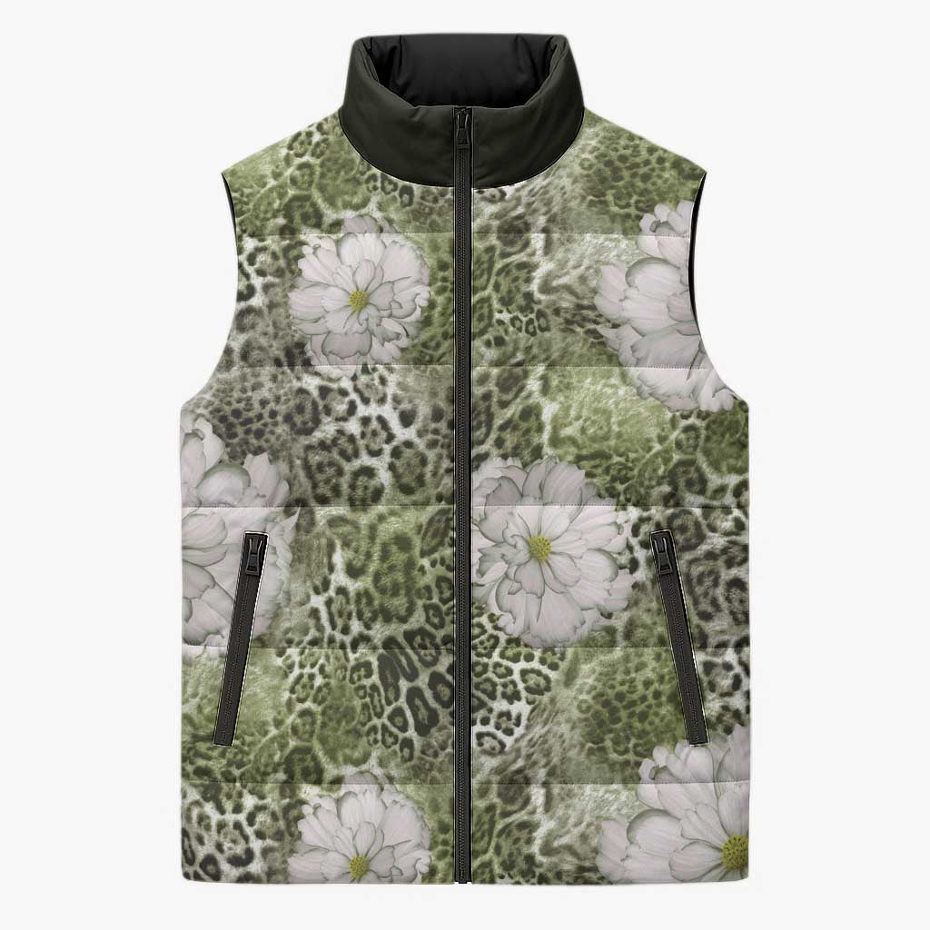 African Leopard Floral Pattern Sleeveless Puffer Jacket Safari Moss