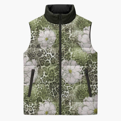 African Leopard Floral Pattern Sleeveless Puffer Jacket Safari Moss