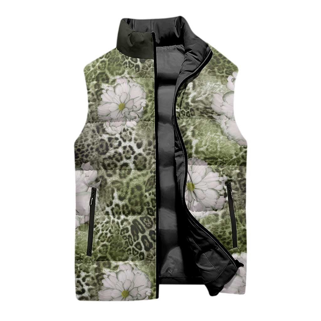 African Leopard Floral Pattern Sleeveless Puffer Jacket Safari Moss