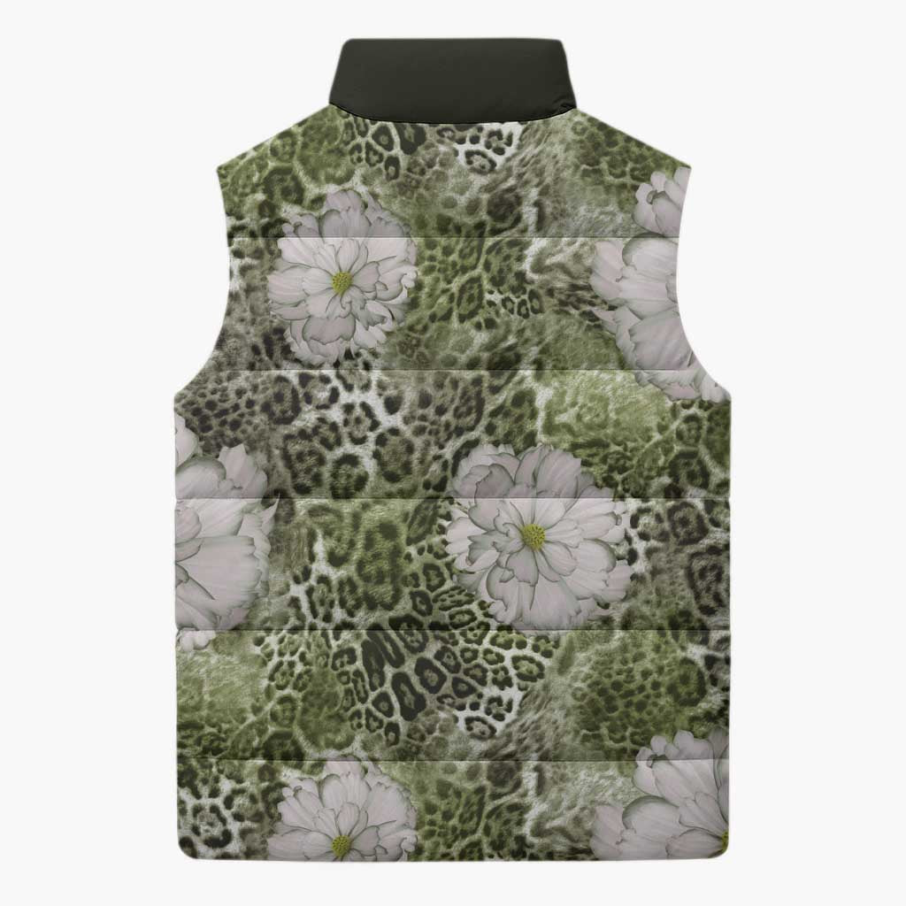 African Leopard Floral Pattern Sleeveless Puffer Jacket Safari Moss