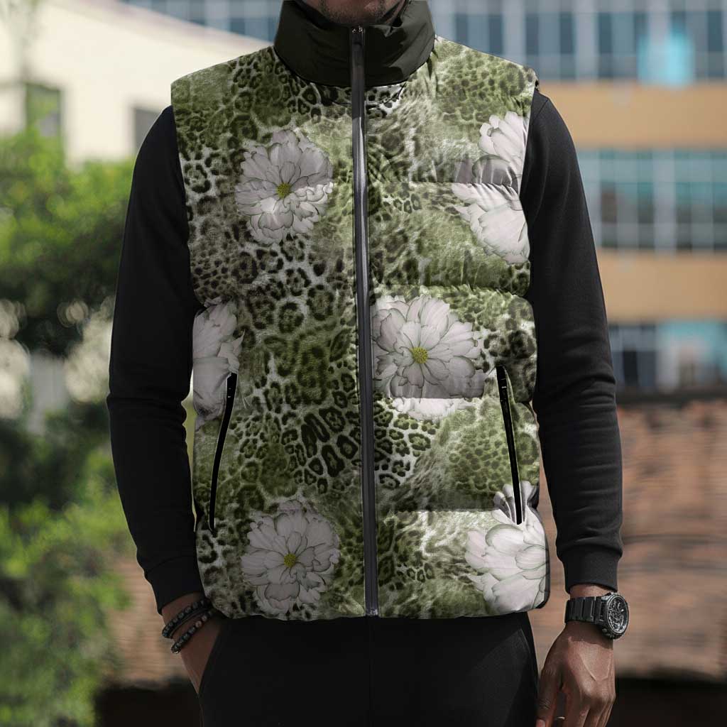 African Leopard Floral Pattern Sleeveless Puffer Jacket Safari Moss
