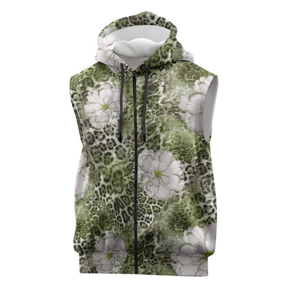 African Leopard Floral Pattern Sleeveless Zip Hoodie Safari Moss