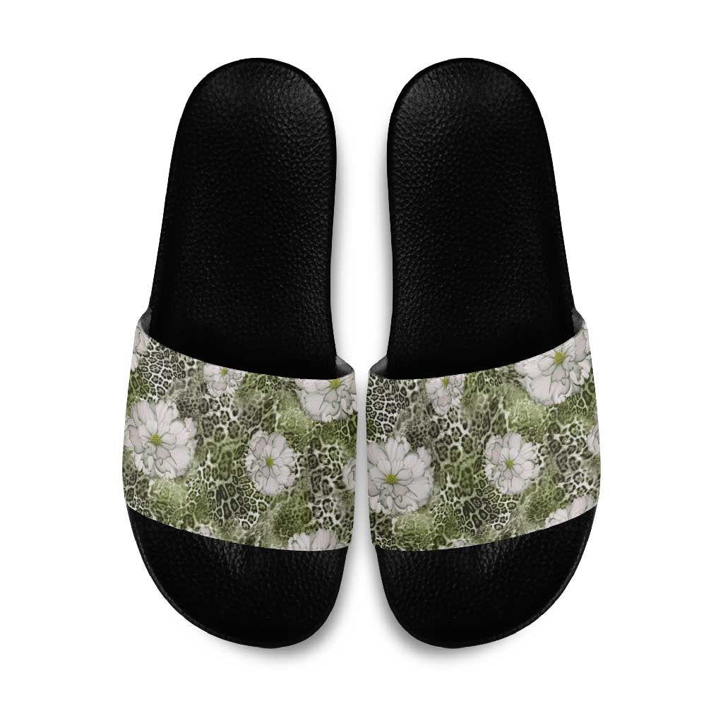 African Leopard Floral Pattern Slide Sandals Safari Moss