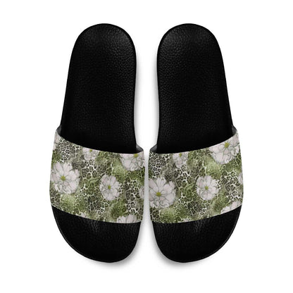 African Leopard Floral Pattern Slide Sandals Safari Moss