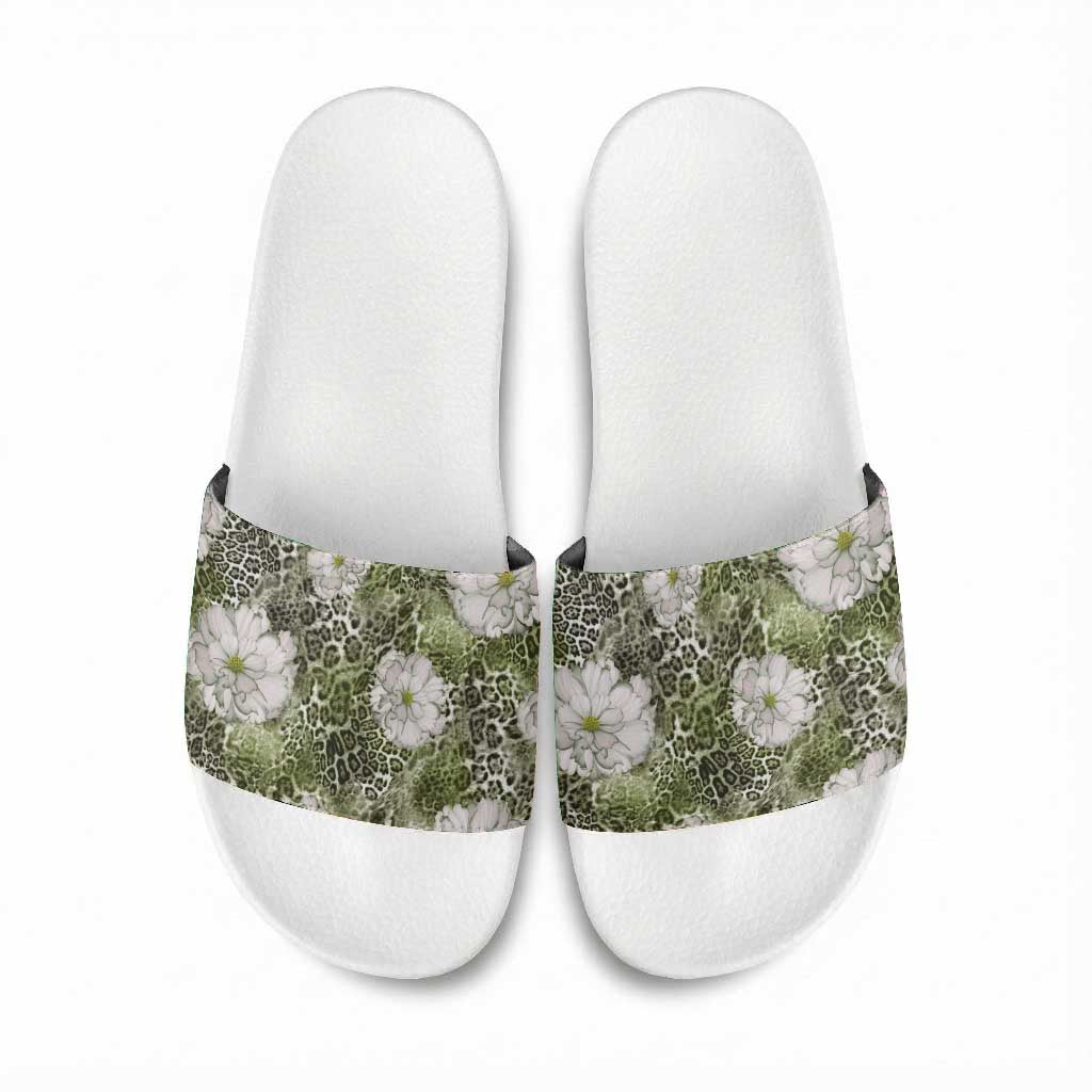 African Leopard Floral Pattern Slide Sandals Safari Moss