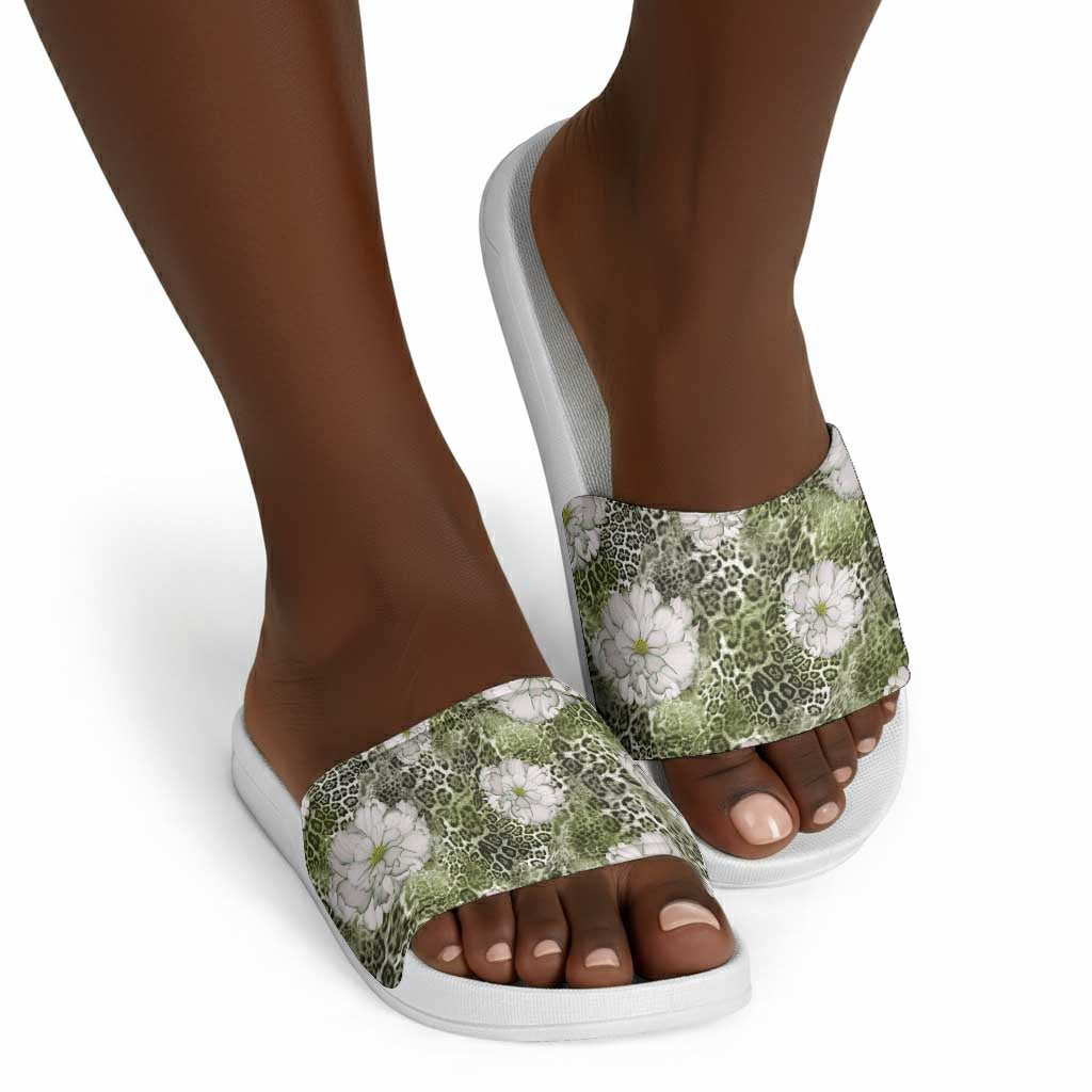 African Leopard Floral Pattern Slide Sandals Safari Moss