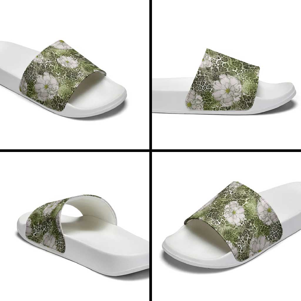 African Leopard Floral Pattern Slide Sandals Safari Moss