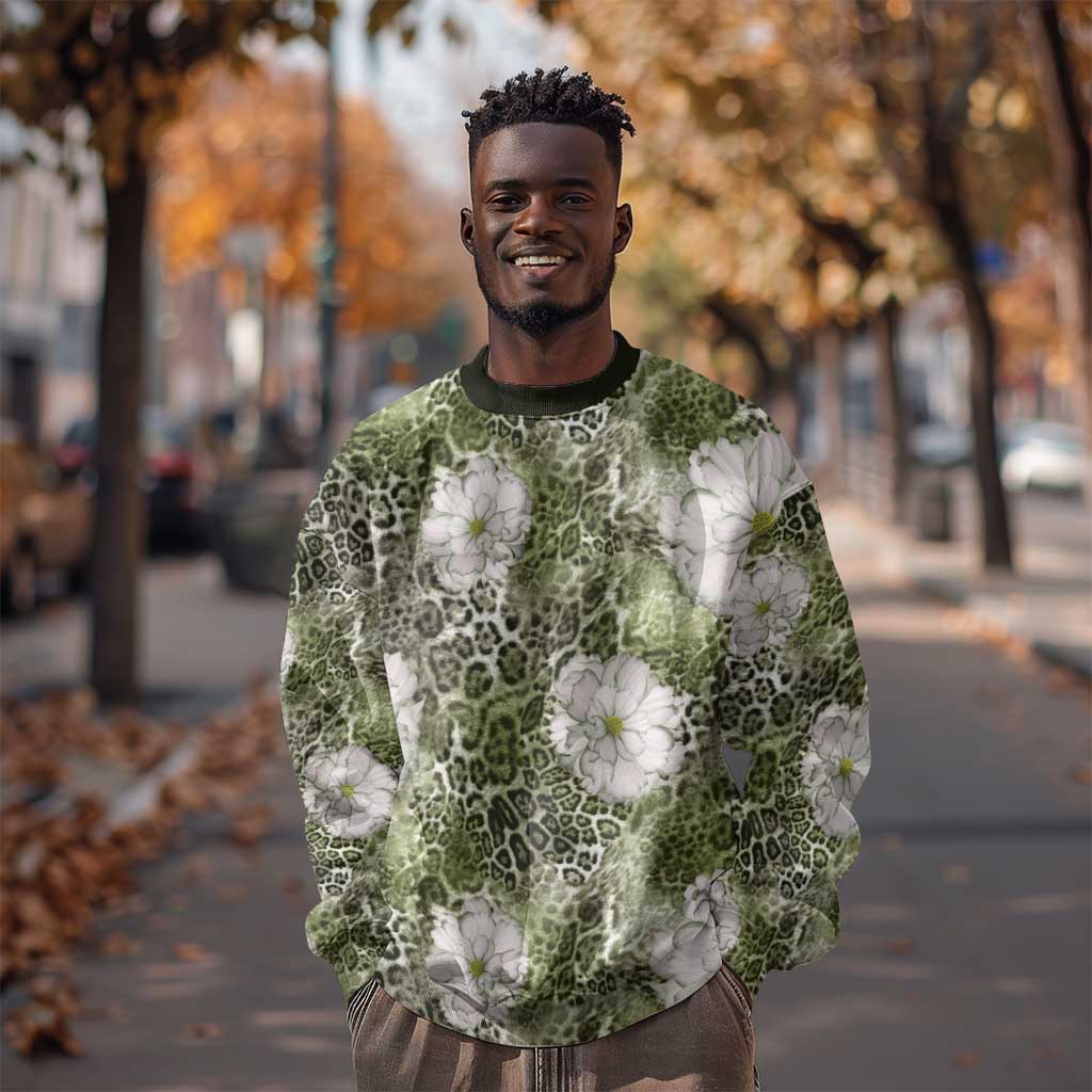 African Leopard Floral Pattern Sweatshirt Safari Moss
