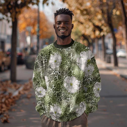 African Leopard Floral Pattern Sweatshirt Safari Moss