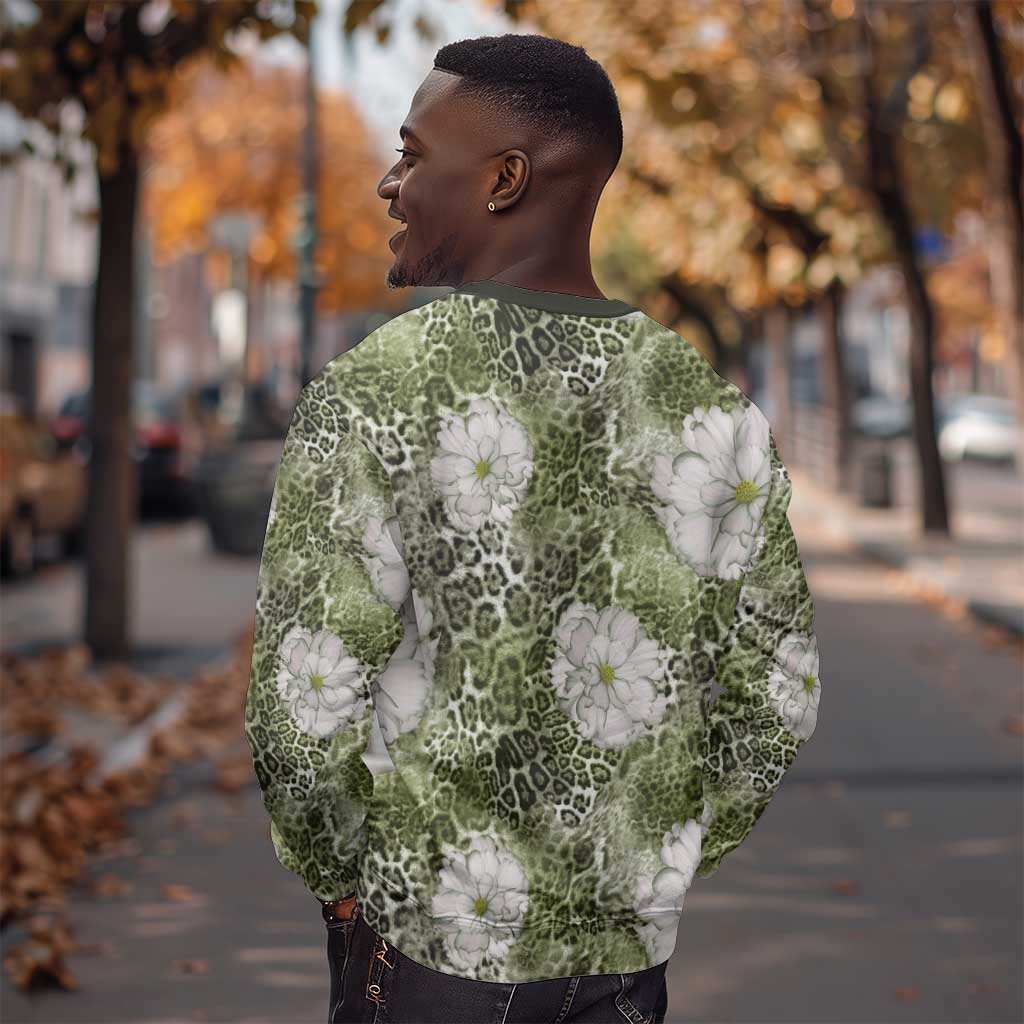African Leopard Floral Pattern Sweatshirt Safari Moss