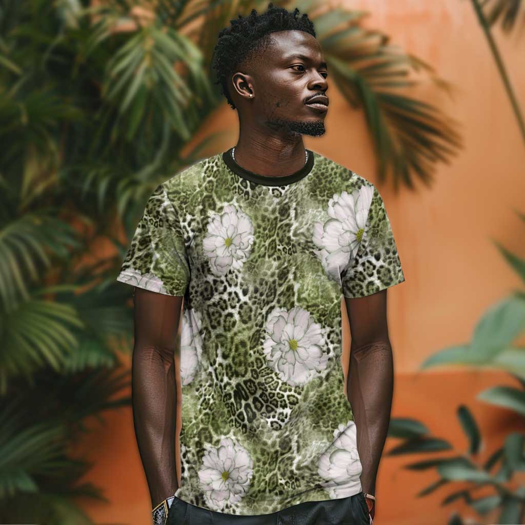 African Leopard Floral Pattern T shirt Safari Moss