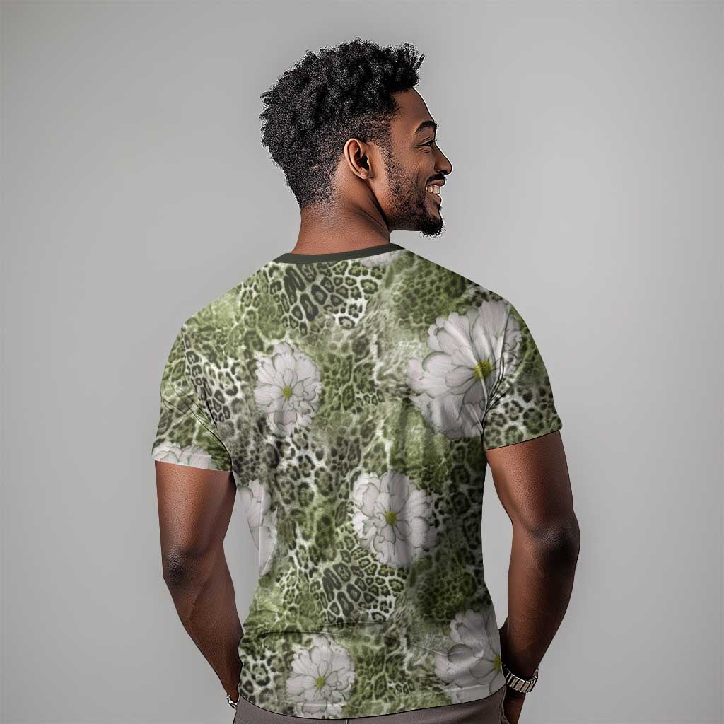 African Leopard Floral Pattern T shirt Safari Moss