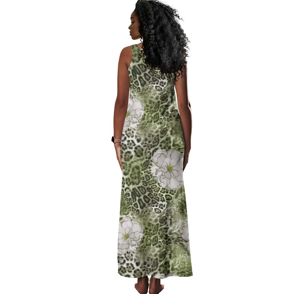 African Leopard Floral Pattern Tank Maxi Dress Safari Moss