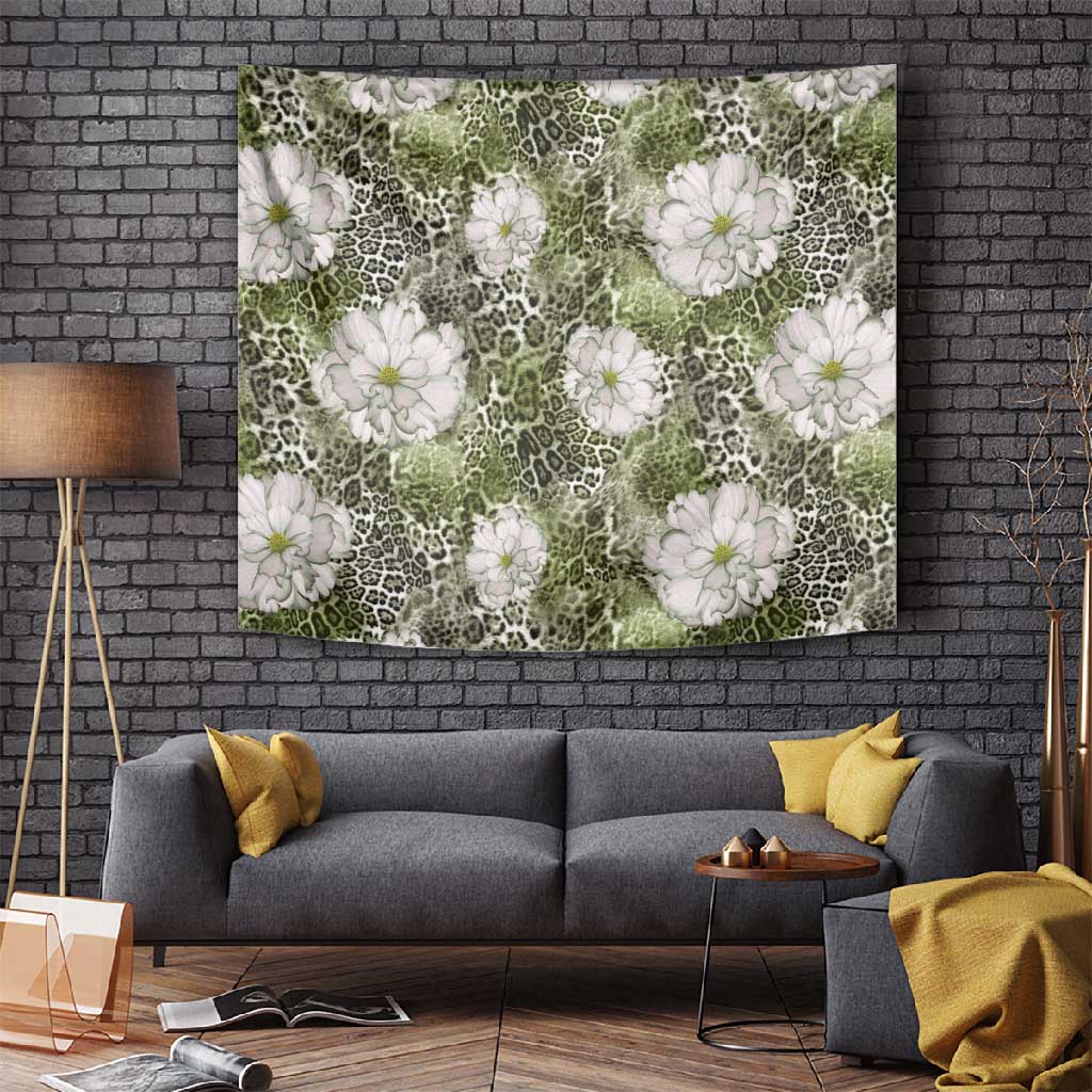 African Leopard Floral Pattern Tapestry Safari Moss