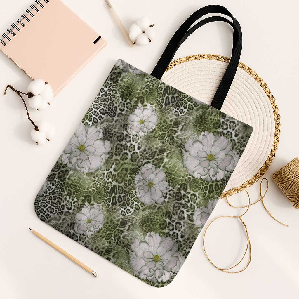 African Leopard Floral Pattern Tote Bag Safari Moss
