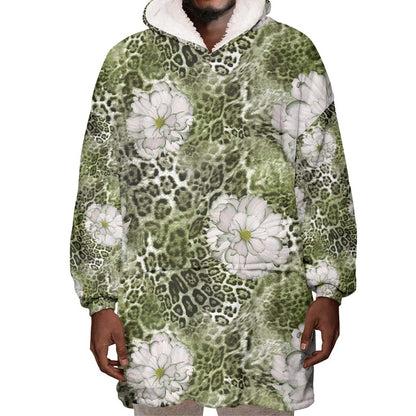 African Leopard Floral Pattern Wearable Blanket Hoodie Safari Moss