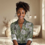 African Leopard Floral Pattern Women Casual Shirt Safari Moss