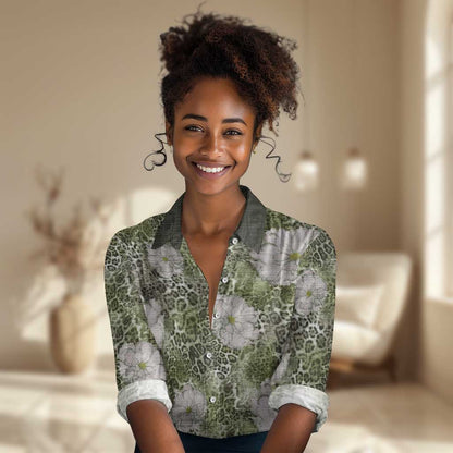 African Leopard Floral Pattern Women Casual Shirt Safari Moss